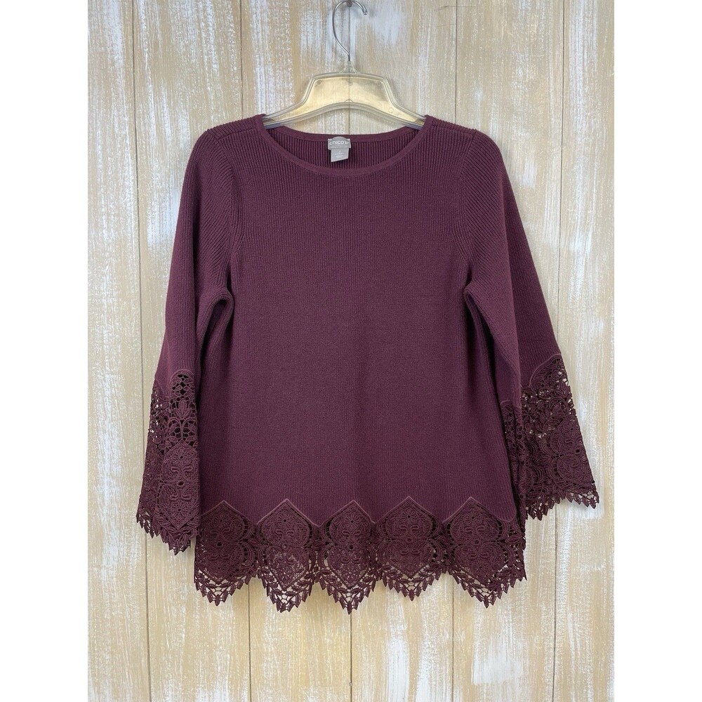 Chico's Women's Size 2 (Large) Sweater Lace Trim Sleeve Pullover Knit Burgundy